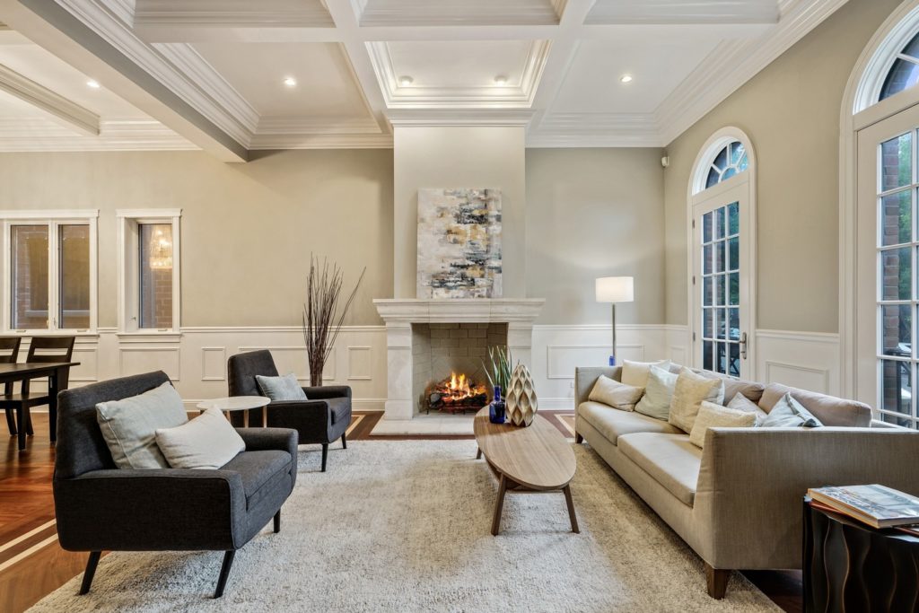 Living room with staged decor