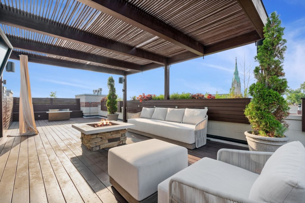 Daytime image of a Chicago patio with furniture