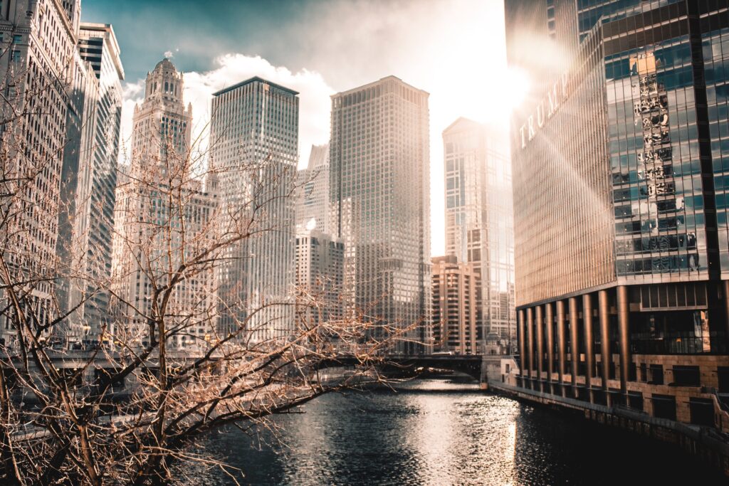 View of Chicago downtown buildings from the riverwalk
