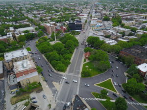 An aerial view of Logan Square