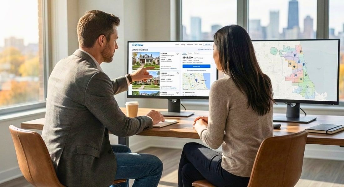 Agent reviewing MLS data with client in Chicago office