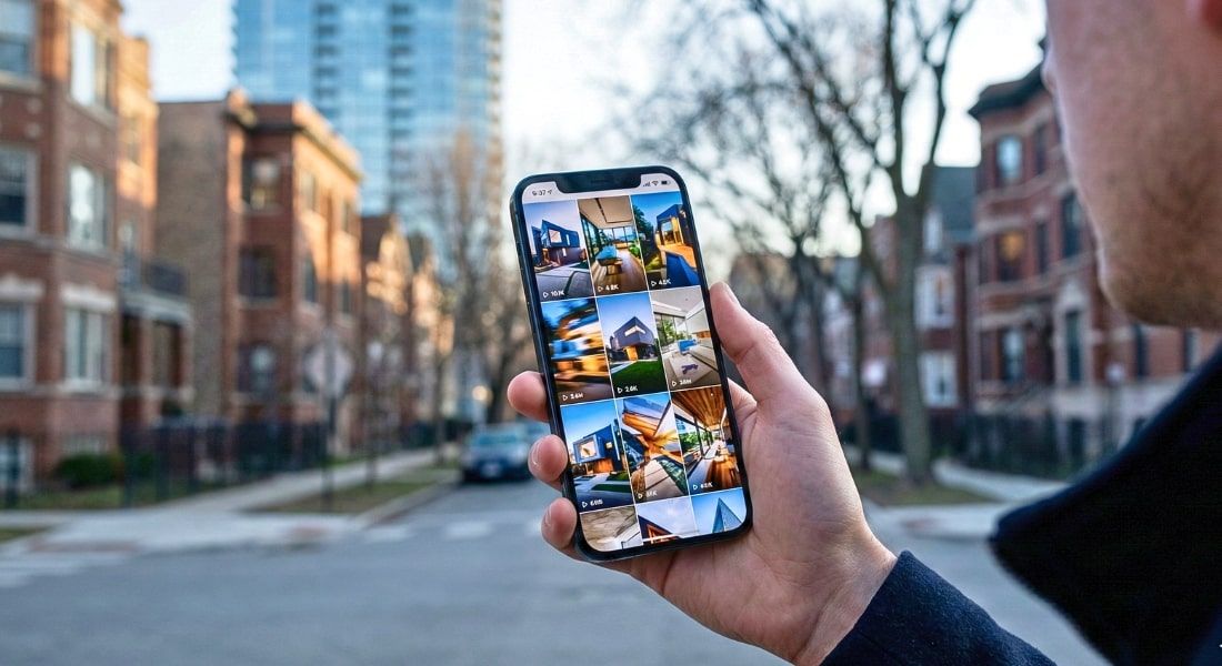 Smartphone showing viral housing trends against calm Chicago real estate