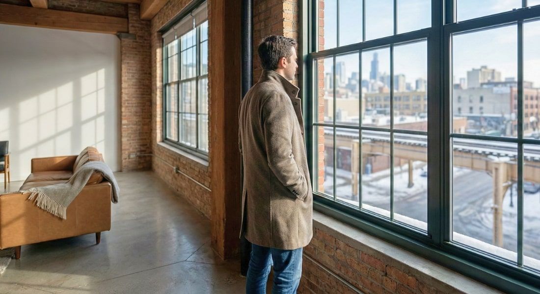 South Loop loft interior with exposed brick and winter light