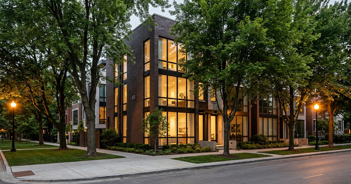 Modern brick home with illuminated windows on tree-lined Chicago luxury real estate market street at dusk