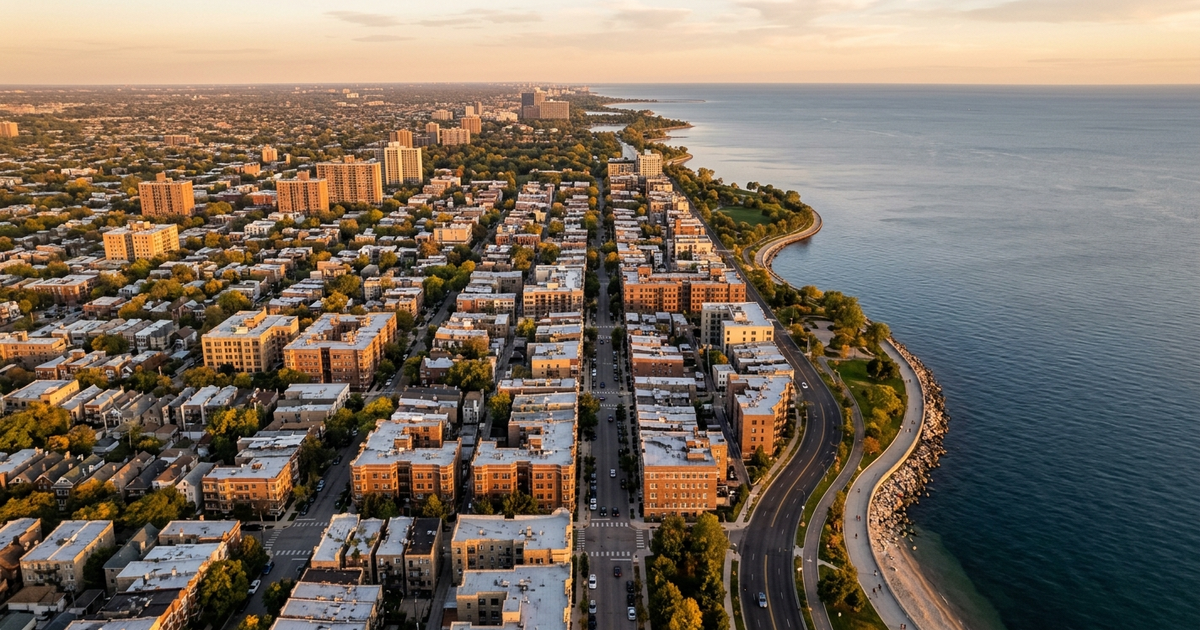 Aerial view of Chicago lakefront neighborhood with residential buildings, tree-lined streets, and Lake Michigan shoreline...