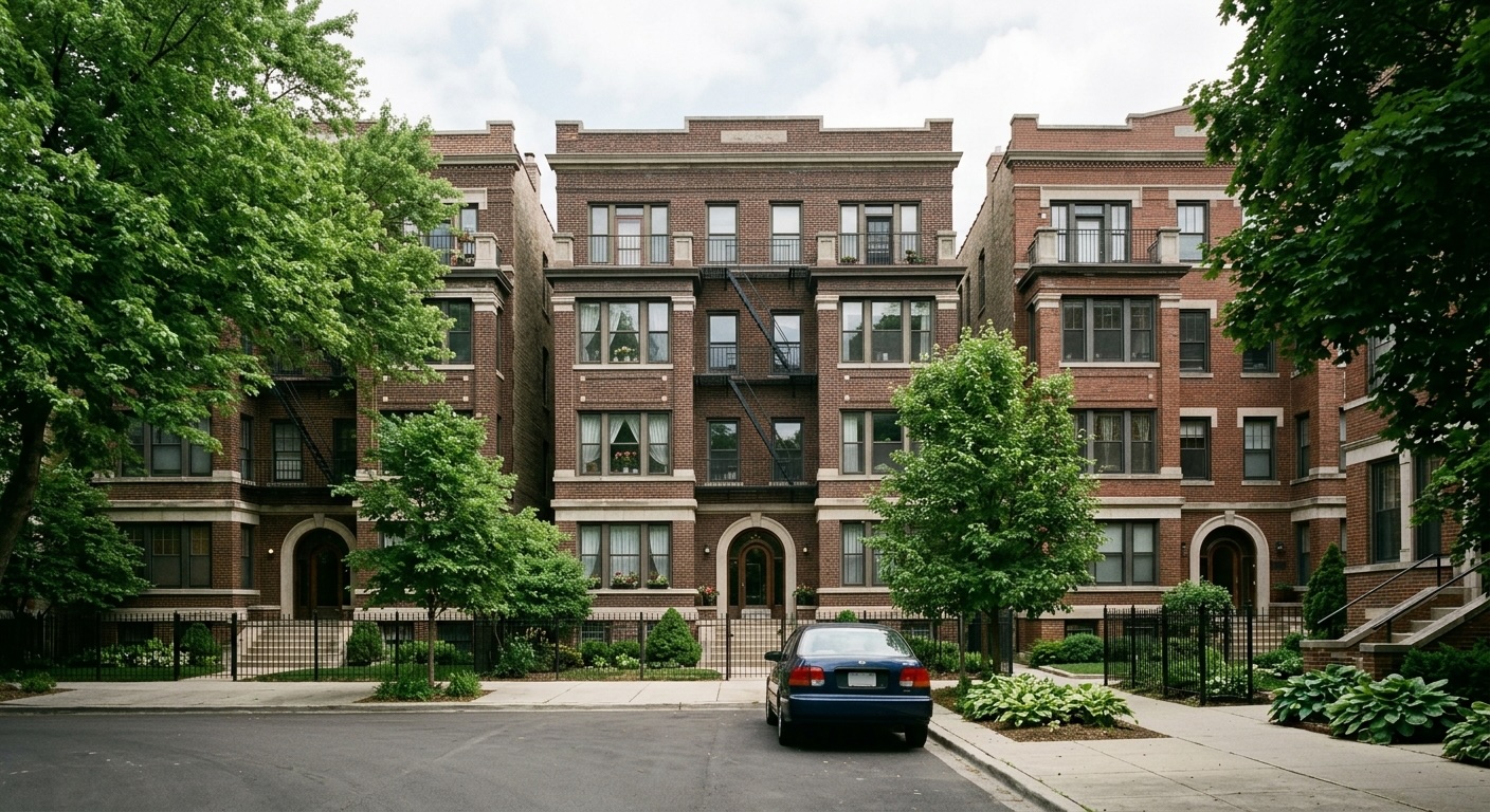 Aerial view of Chicago residential neighborhood with multi-story apartment buildings, parked cars, and green trees lining...