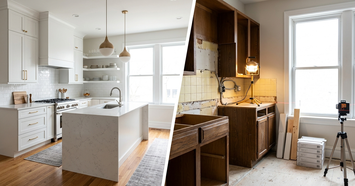 Modern white kitchen renovation vs old kitchen before remodel, renovation vs moving Chicago comparison