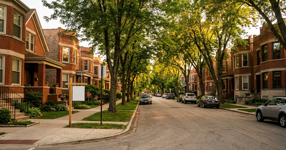 Tree-lined Chicago street with vintage brick homes, parked cars, and green lawns showcasing move-up housing market scarcity