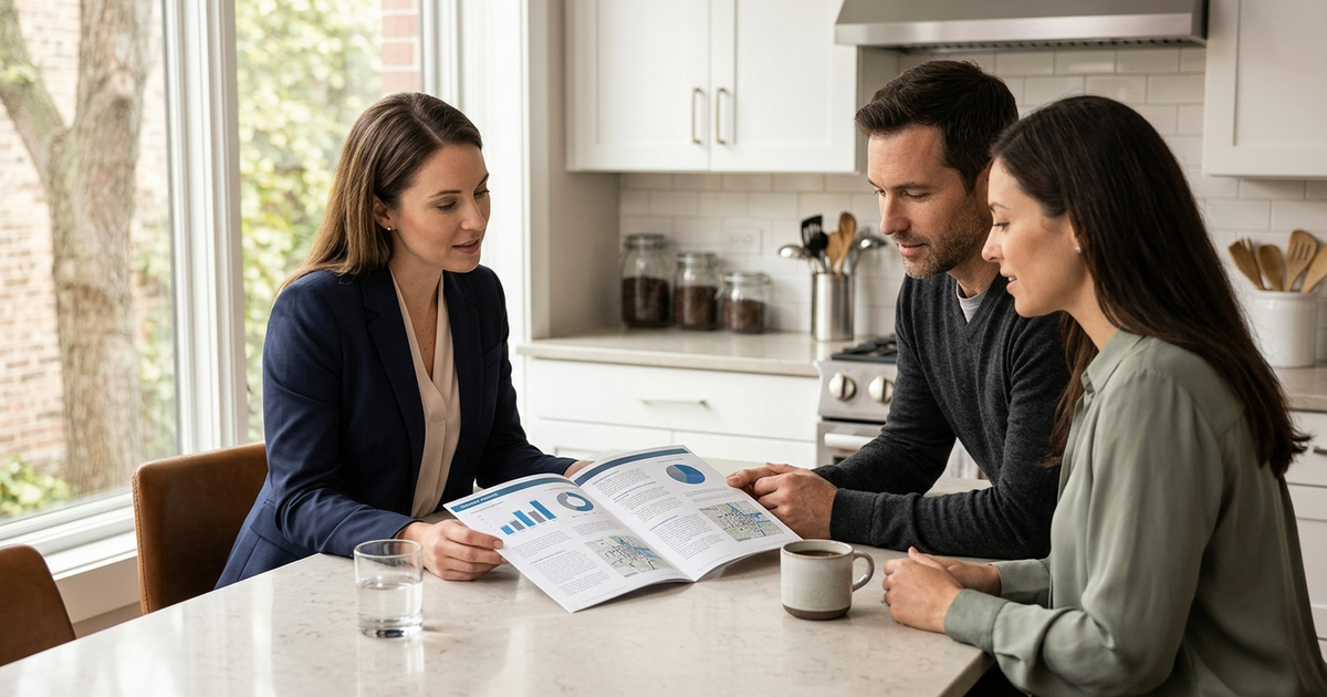 Real estate agent reviewing financial documents with couple at kitchen table in modern home