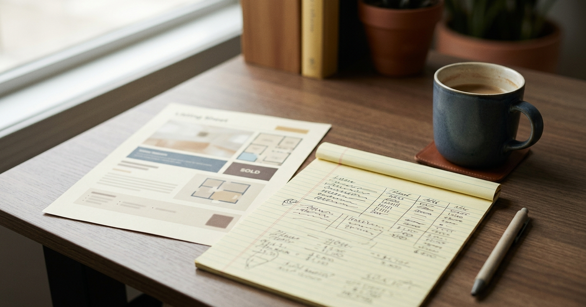 Desk with real estate agent commission sketches, wireframes, coffee mug, and pen by sunny window