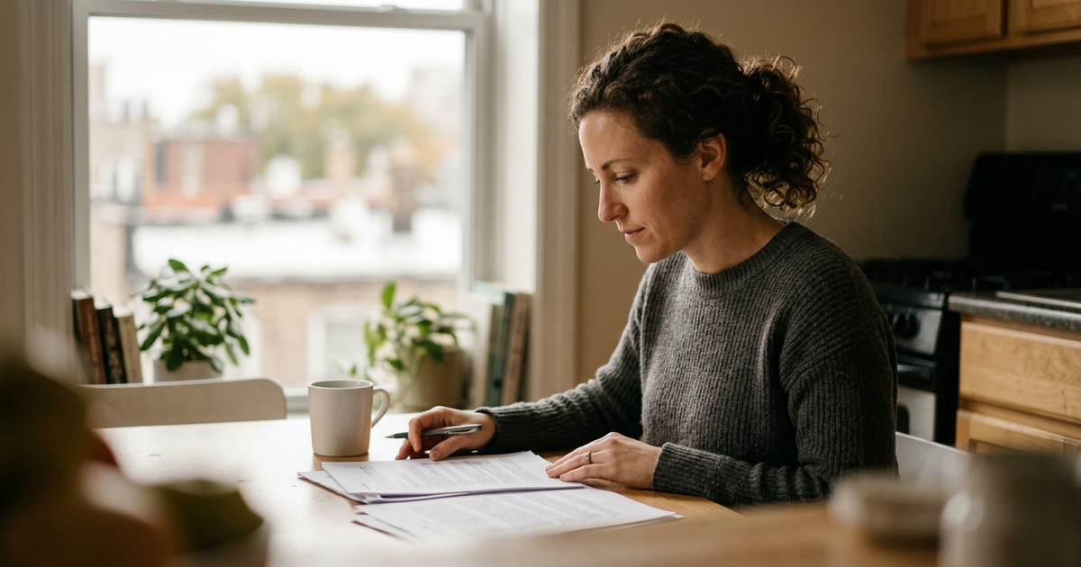 Woman reviewing insurance documents at kitchen table with city view through window