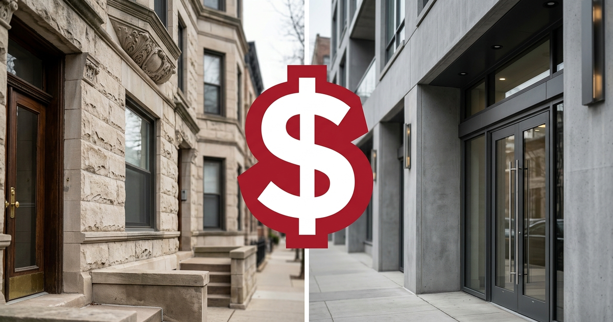 Red dollar sign symbol overlaid on Chicago street with historic and modern buildings, illustrating Zillow Zestimate...