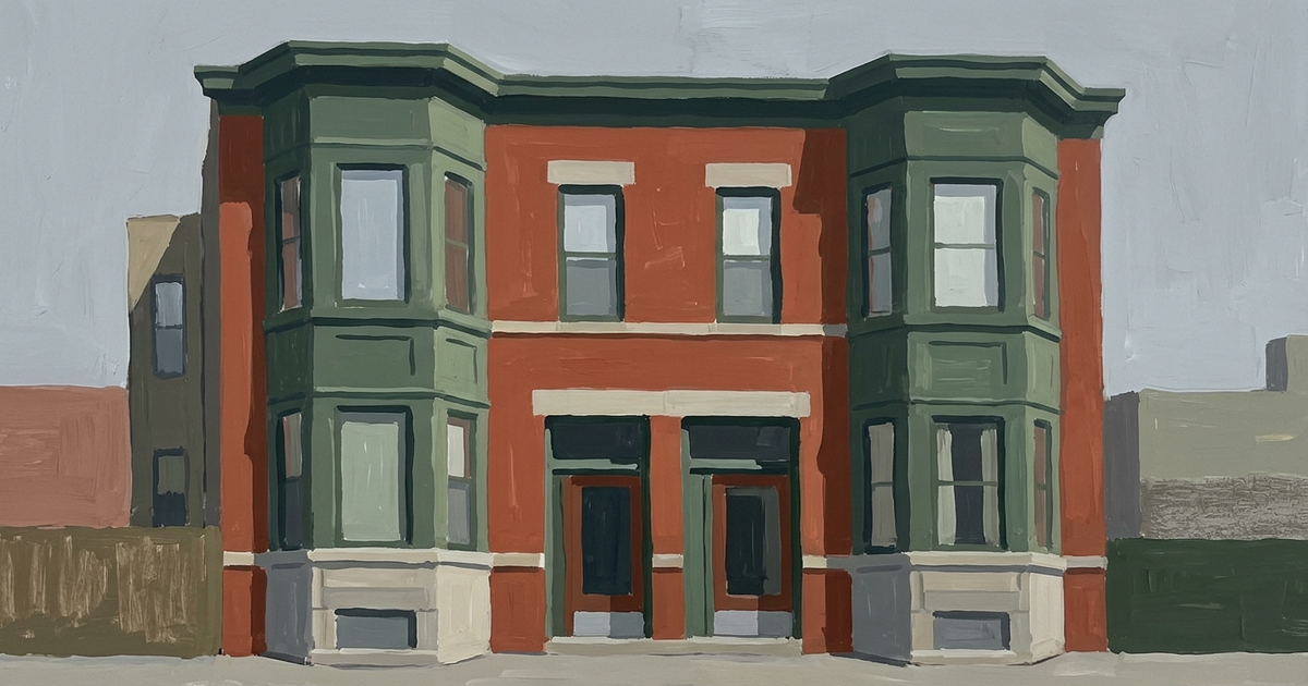 Classic Chicago brick rowhouse with red facade, green trim, and bay windows reflecting Chicago landlord...