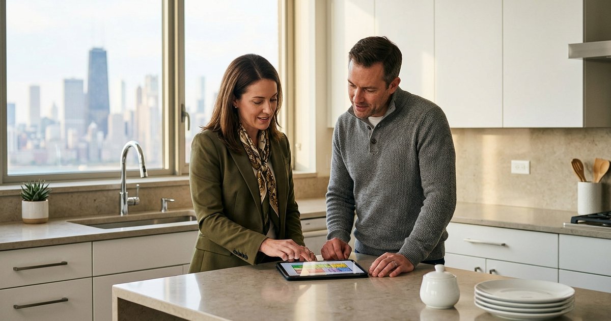 Chicago homeowner reviewing Compass three-stage listing strategy with real estate agent before going to market