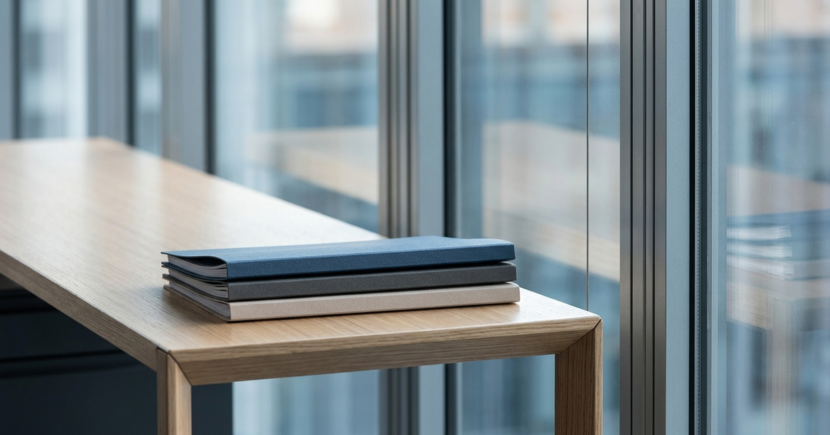 Stack of Chicago condo HOA documentation books on wooden table by high-rise window overlooking city skyline