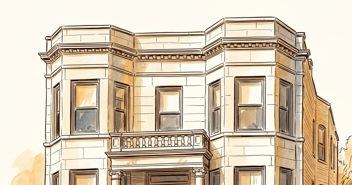 Watercolor illustration of classic Chicago brownstone corner building with ornate stone facade and bay windows