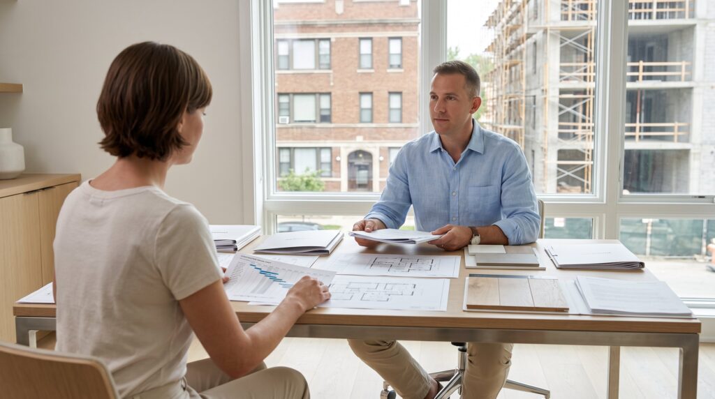 developer?s sales agent and buyer reviewing paperwork
